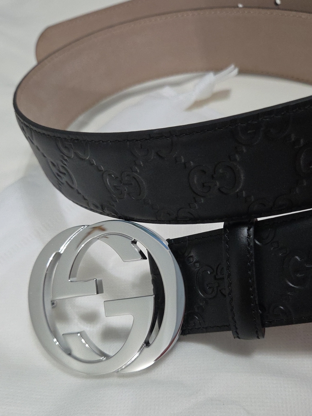 Gucci Black Monogram Leather Monogram Belt Silver GG 105cm